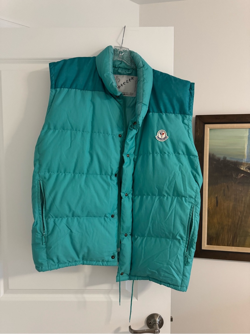 Moncler Men's Teal Quilted Down Vest with High Collar